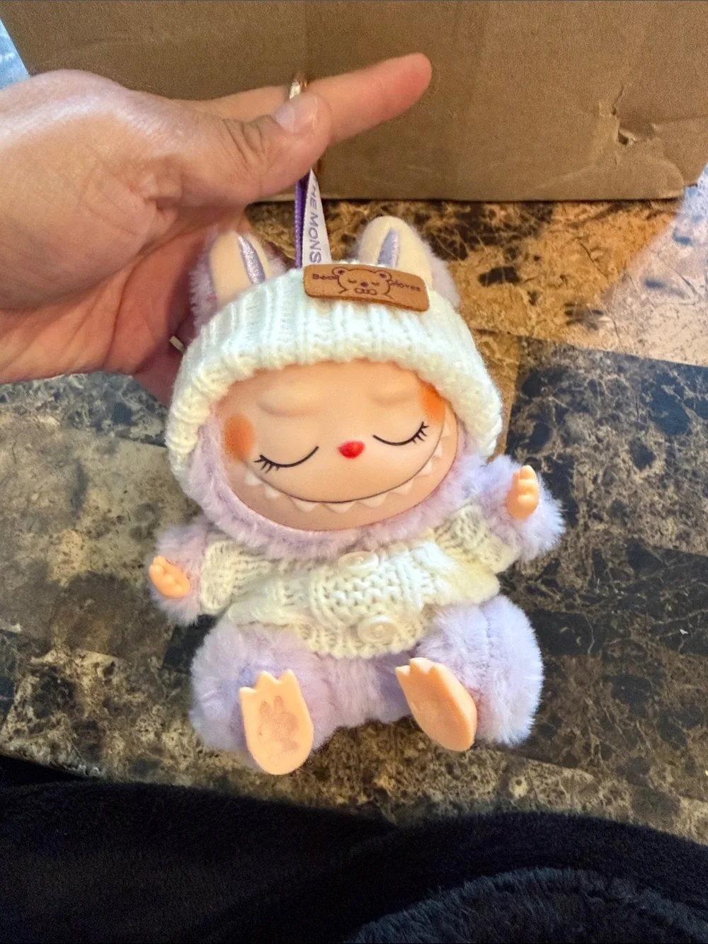 Lavender Bunny Plush Keychain with Cream Knit Hat